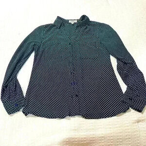 Express Slim Portofino Shirt Button Down Blouse - Navy‎ Blue Polka Dots - SP